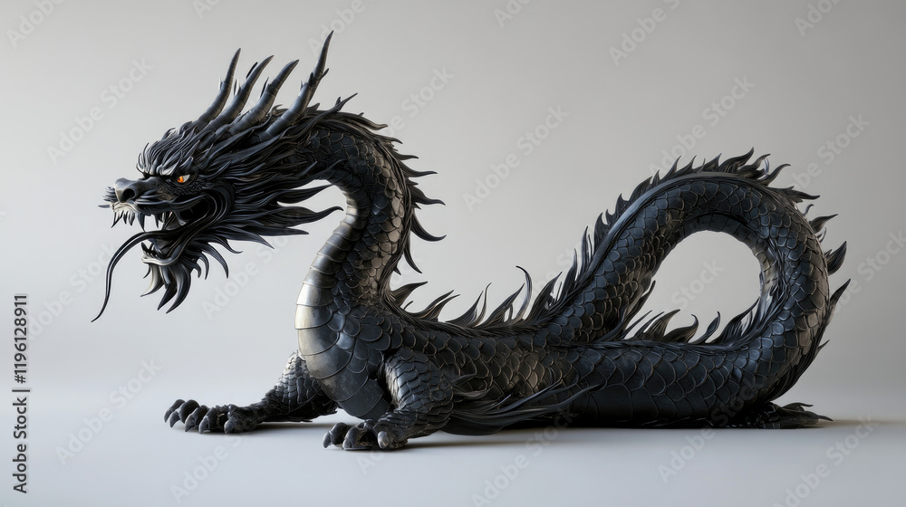 Obraz premium a black Japanese dragon, whole body on show, fierce look