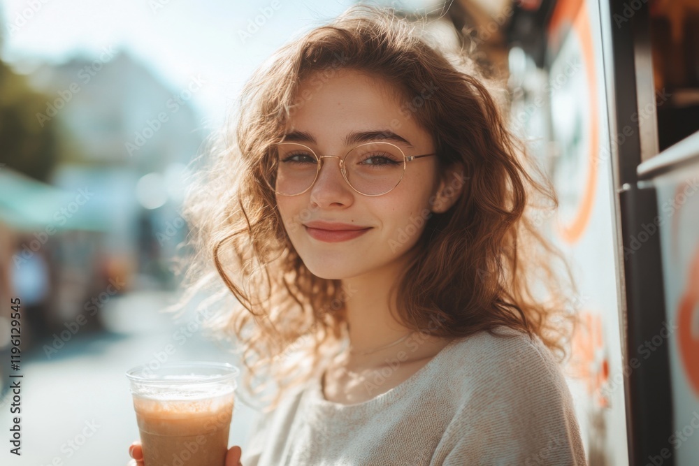 Beautiful young woman with food truck holding a glass of drink at outdoor market festival in sunny day, natural light Beautiful young woman with food truck holding a glass of drink at outdoor market festival in sunny day, natural light