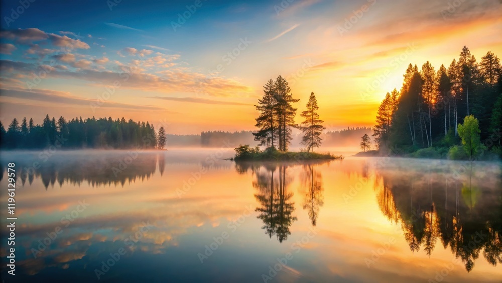 A serene landscape with a subtle sunset fade and misty veil, amidst tall trees and a peaceful lake background , memorial, lake A serene landscape with a subtle sunset fade and misty veil, amidst tall trees and a peaceful lake background , memorial, lake