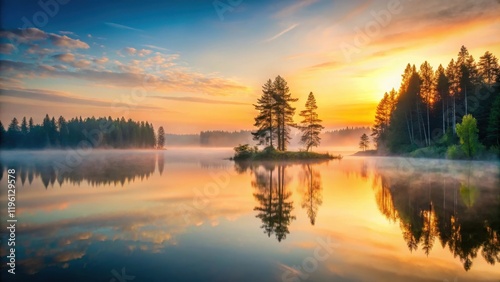A serene landscape with a subtle sunset fade and misty veil, amidst tall trees and a peaceful lake background , memorial, lake