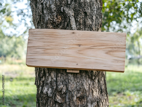 large rustic wooden signboard leaning on tree in natural setting, perfect for outdoor decor