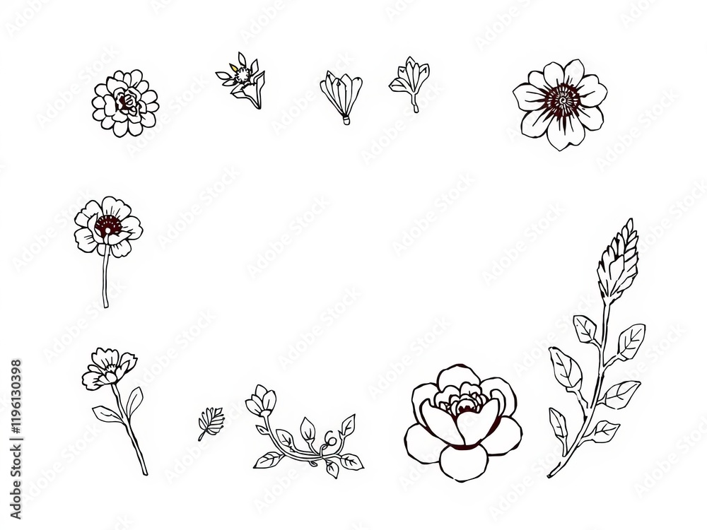 Fototapeta premium Minimal botanical graphic sketch featuring trendy tiny floral elements in a line art drawing design vector illustration, elements, vector illustration, sketch
