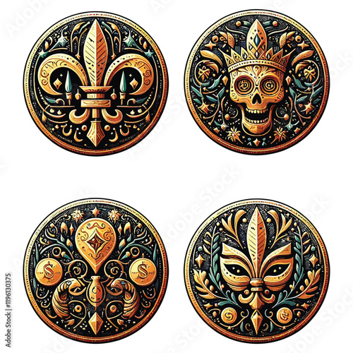 Mardi Coins or doubloons vector illustration isolated background