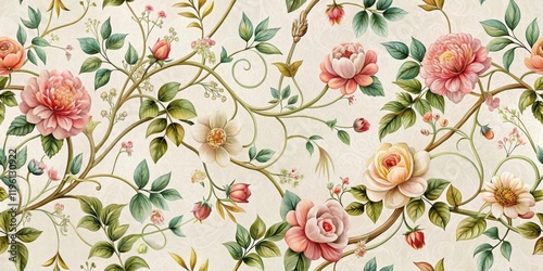 Wallpaper Mural Vines and blooms entwine in a delicate floral arrangement, textile design Torontodigital.ca
