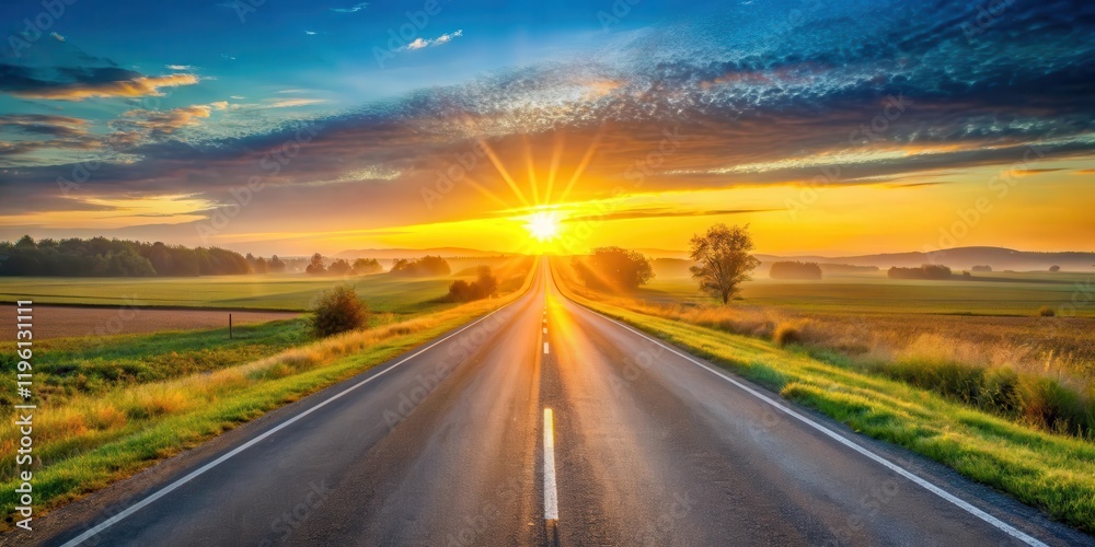 Naklejka premium A majestic sun rises above the horizon, casting a warm glow over a quiet rural road with asphalt highways winding through the countryside , scenic landscape, morning sunlight