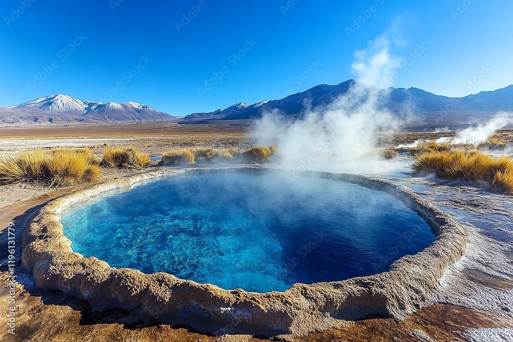Geothermal hot spring pool with steam, mountains, and arid landscape. Geothermal hot spring pool with steam, mountains, and arid landscape.
