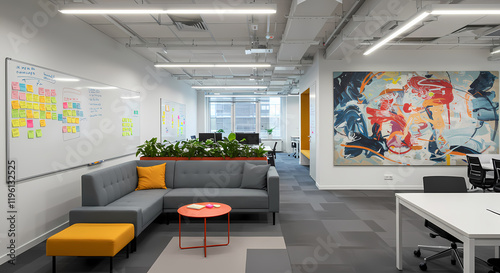 Modern Office Interior Design Abstract Art Gray Sofa Teamwork Space