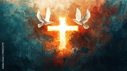 Conceptual graphic of glowing Christian cross with three white doves, symbolizing Jesus Christ's victorious sacrificial work of salvation. Art composed against abstract oil painted background.