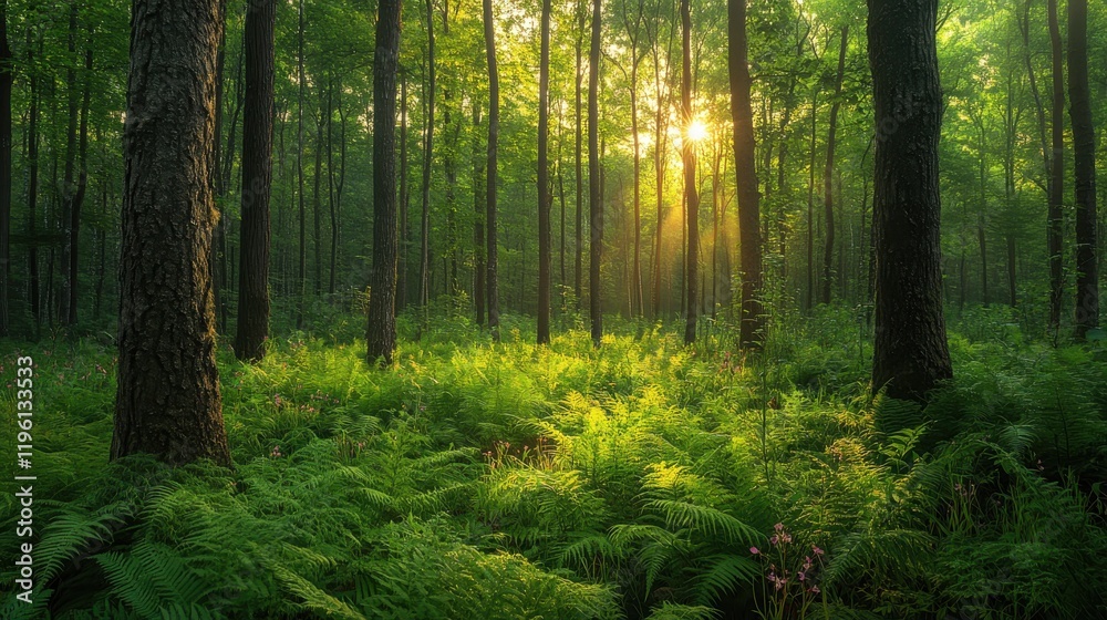 Naklejka premium Lush green forest during golden hour with sunlight and wildflowers