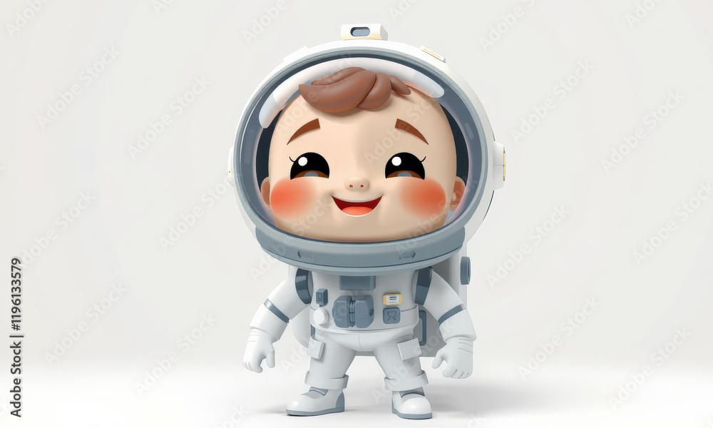 Fototapeta premium cute cartoon astronaut character with joyful expression, wearing space suit and helmet, ready for adventure in outer space