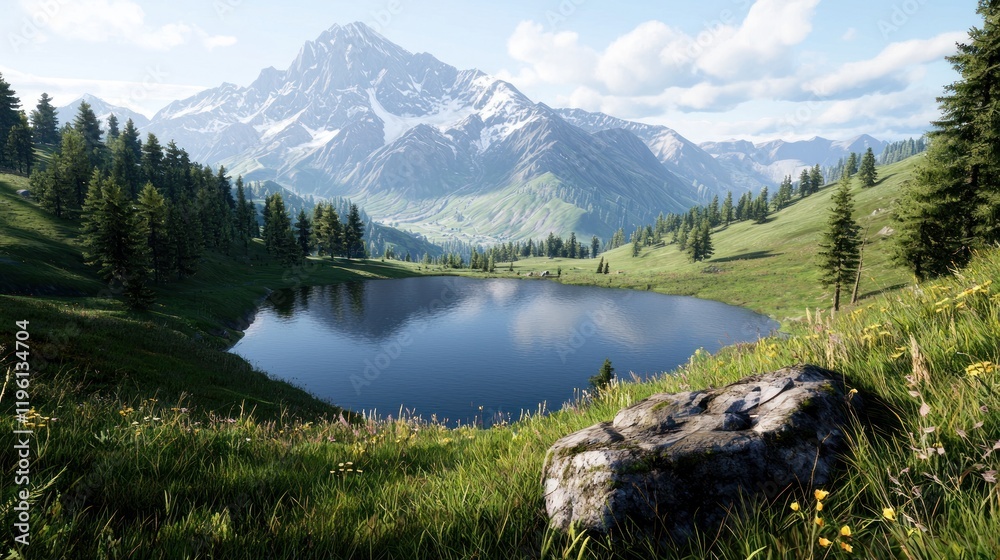 Fototapeta premium Scenic mountain landscape with a tranquil lake and lush greenery.
