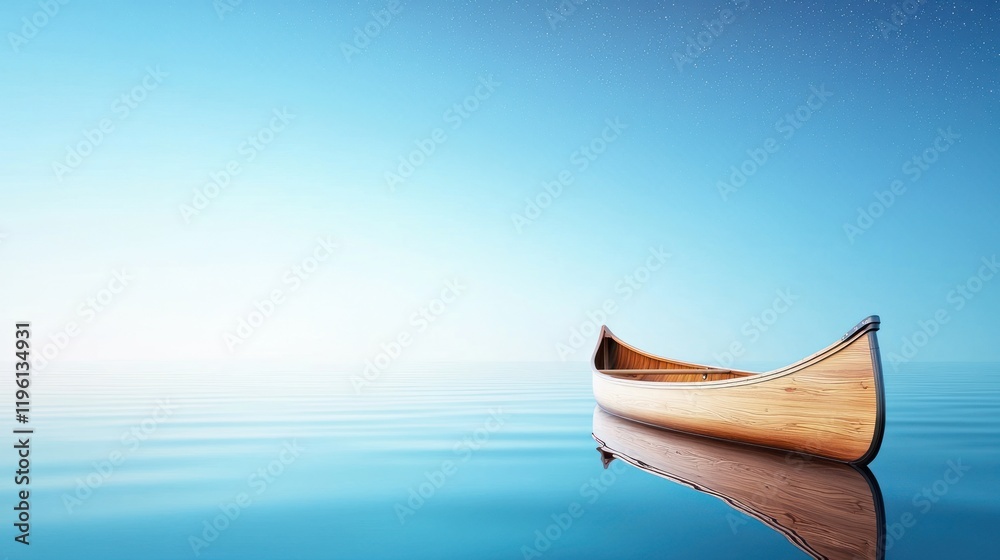 A serene wooden canoe floating on calm water under a clear sky. A serene wooden canoe floating on calm water under a clear sky.