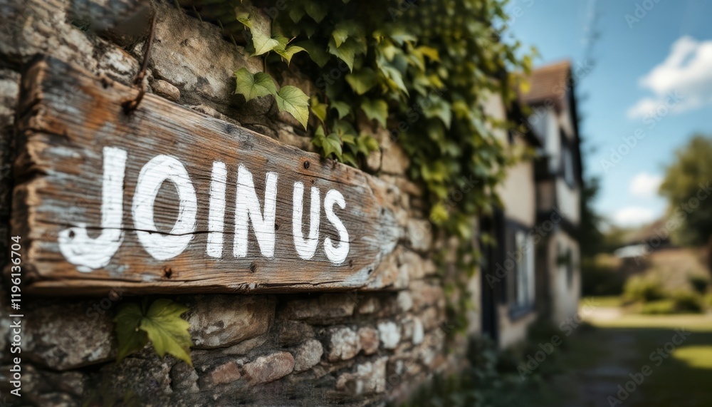 Rustic 'JOIN US' sign against an old stone wall with ivy and a countryside background Rustic 'JOIN US' sign against an old stone wall with ivy and a countryside background