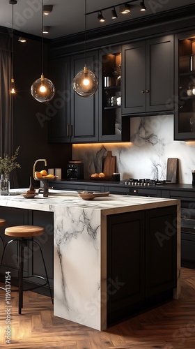 Modern dark kitchen with marble island.