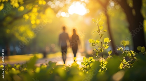 Wallpaper Mural Romantic couple walking hand in hand through sunlit park Torontodigital.ca