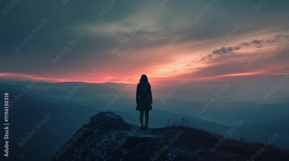 Silhouette of a woman standing alone on a cliff, looking out at a sunset. Concept of loneliness, hope, and introspection. Silhouette of a woman standing alone on a cliff, looking out at a sunset. Concept of loneliness, hope, and introspection.