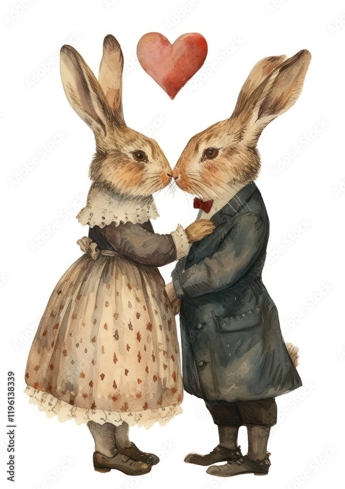 Obraz premium Two rabbits hugging watercolor rodent mammal representation.