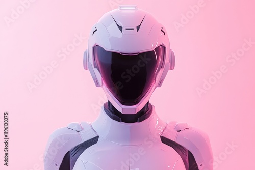 3D-rendered humanoid AI robot with a high-tech visor on pink background