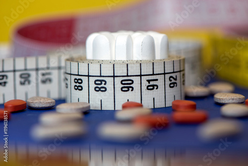 Tape measure with weight loss medications, dietary supplements and appetite suppressants, highlighting the risks of drug-based diets to combat obesity. Goals at the beginning of the year photo