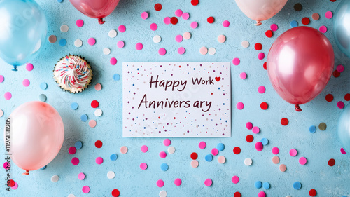 Happy Work Anniversary celebration with colorful balloons and confetti