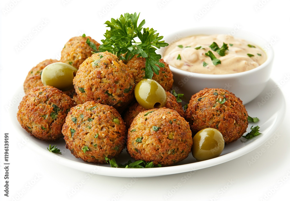 Falafel balls paired with green olives and sauce Falafel balls paired with green olives and sauce