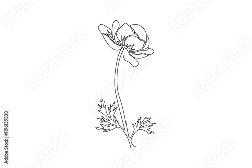 Single one line drawing beauty fresh anemone flower for garden logo. Decorative perennial windflower for home wallpaper decor poster print art. Continuous line draw design graphic vector illustration
