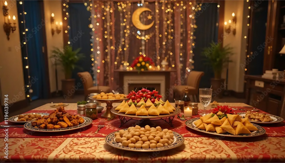Naklejka premium Warm Festive Feast: Golden Samosas and Delicate Treats on a Richly Decorated Table