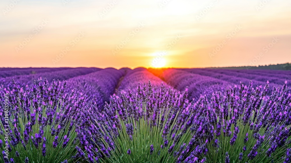 Fototapeta premium A vibrant lavender field at sunset, showcasing nature's beauty.
