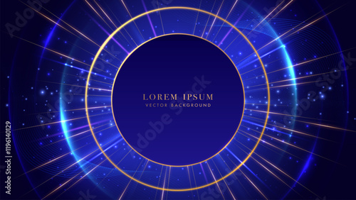 Futuristic blue background with golden ring, glowing radius, dynamic light beams, and sparkling effects