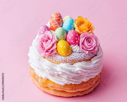 A colorful Easter cake adorned with pink roses and decorated eggs, set against a soft pink background. photo