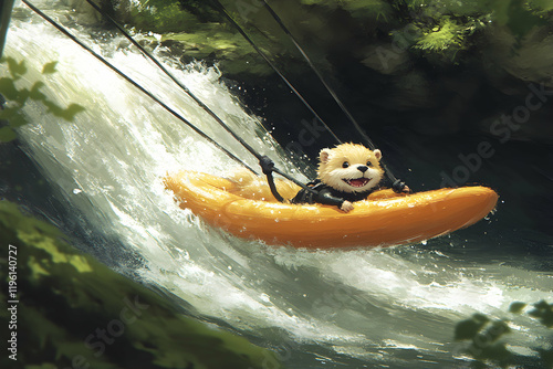 Adorable otter enjoying a thrilling hydrospeed ride down a cascading waterfall, surrounded by lush greenery. photo