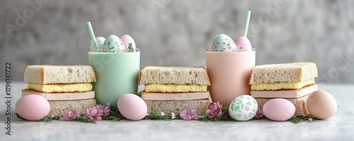 Colorful Easter-themed treats featuring pastel macarons, decorative eggs, and floral accents arranged on a subtle background. photo