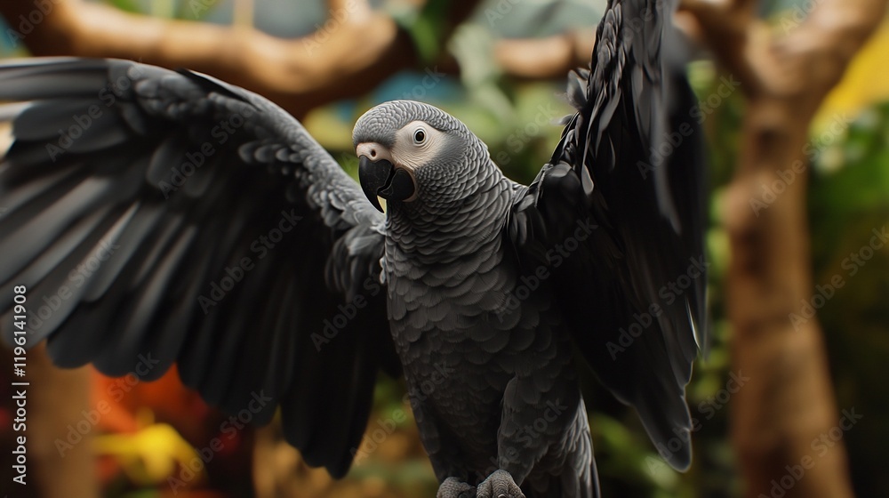 Obraz premium Grey parrot with wings outstretched.