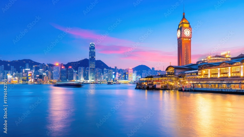 Fototapeta premium Vibrant City Harbor at Twilight