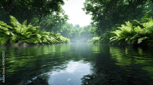 Serene river surrounded by lush greenery and misty atmosphere.