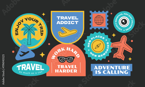 Travel sticker, patch, stamp, badge element collection. Set of vintage and cool travelling symbol.