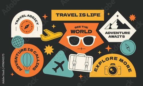 Travel sticker, patch, stamp, badge element collection. Set of vintage and cool travelling symbol.