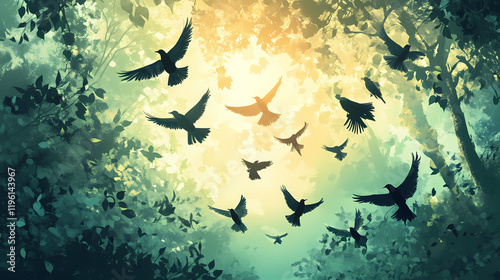 The air is alive with the sounds of chirping birds and rustling leaves, creating a peaceful and enchanting atmosphere. Shadowsong. Illustration