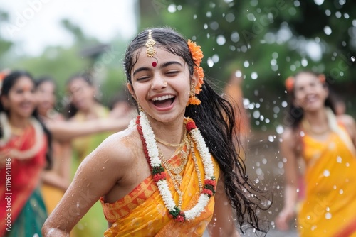 Ugadi celebration: joyous event, Hindu festival, happy people, cultural heritage, festive joy, traditional practices, harmonious gatherings, special dishes, spiritual prayers, bright festivities . photo