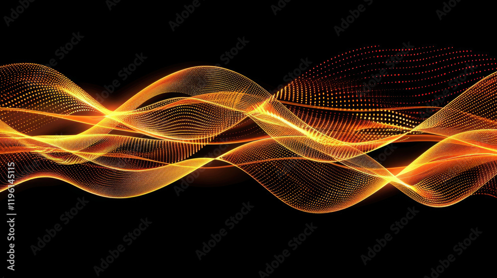 Obraz premium Vibrant orange and yellow wave patterns create dynamic visual effect against black background, evoking energy and movement