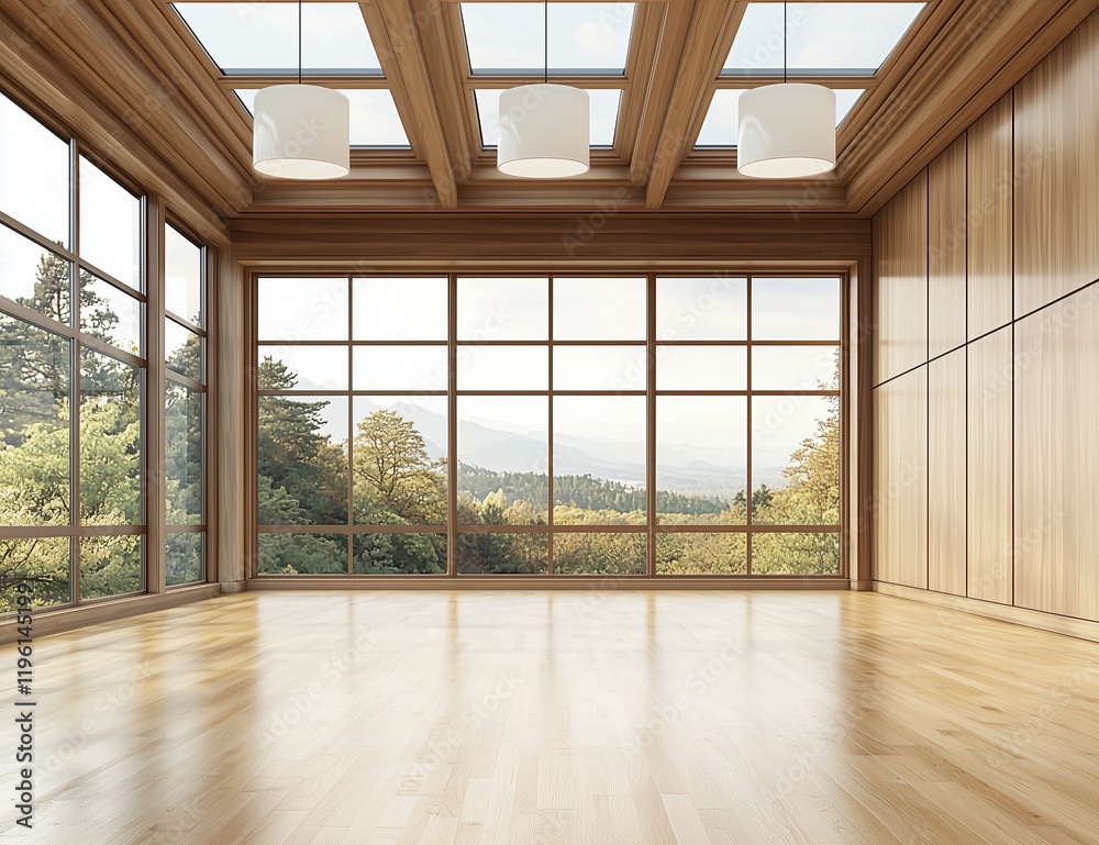 Fototapeta premium Open room with skylights and modern wooden architecture.
