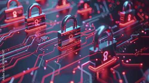Digital locks on circuit board symbolize cybersecurity and data protection. vibrant red and blue colors create futuristic atmosphere, emphasizing importance of security in technology