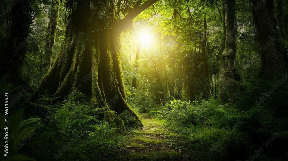Obraz premium Sunlit path through lush, mossy rainforest.