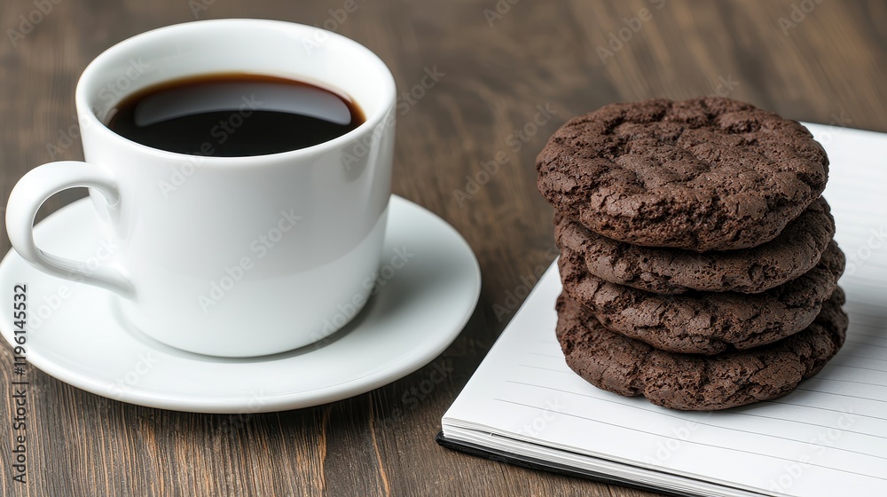 Delicious Chocolate Cookies and Coffee on Wooden Table Notebook Delicious Chocolate Cookies and Coffee on Wooden Table Notebook