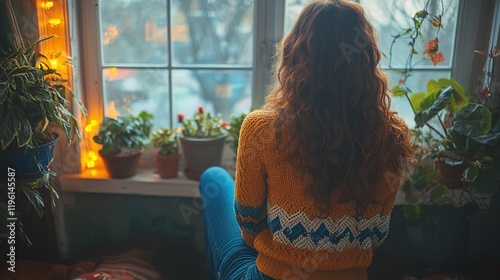 A person with curly hair sits by a window, surrounded by plants, reflecting in a cozy, warm atmosphere.