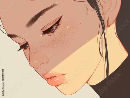A close-up digital illustration of a woman's face, illuminated by a warm light, highlighting her freckles and the soft texture of her skin and lips.