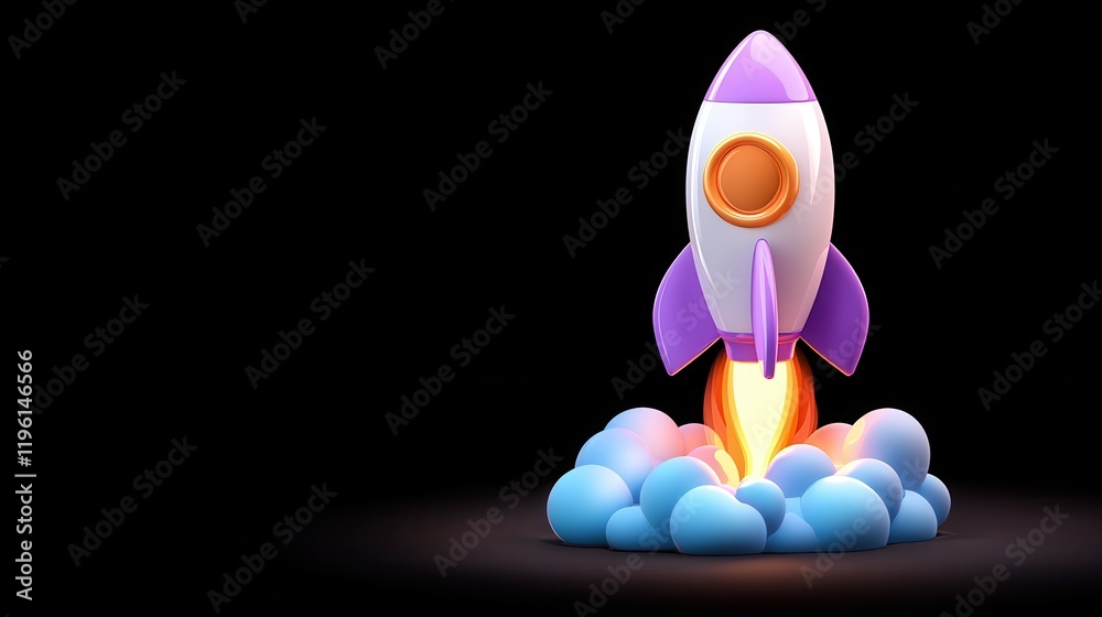 Purple Cartoon Rocket Launching into Space 3D Render Startup Success Concept