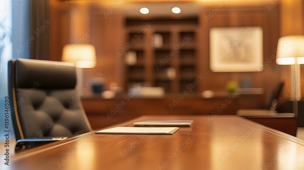Blurred Office Desk in Boss's Room with Elegant Wooden Decor Blurred Office Desk in Boss's Room with Elegant Wooden Decor
