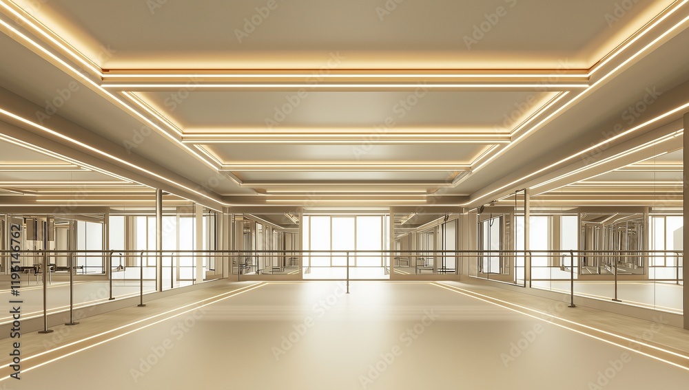 3D render of a ballet studio with modern lights, mirrors, and spacious floor.