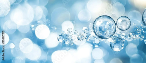 Clear bubbles floating in blue background create serene atmosphere